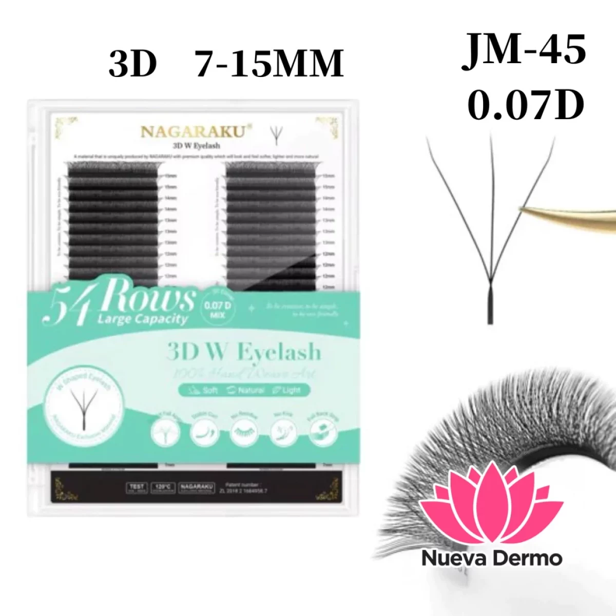 3D W Eyelash 0.07D MIX 7-15MM 54 Rows Extensiones de Pestaña Tecnologica Nagaraku Cd: Jm-45
