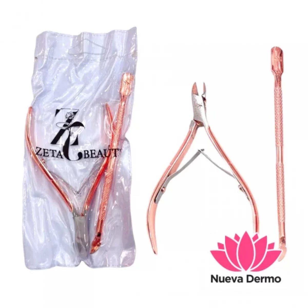 ALICATE CORTA CUTICULAS + REPUJADOR COLOR BRONCE DE ZETA BEAUTY