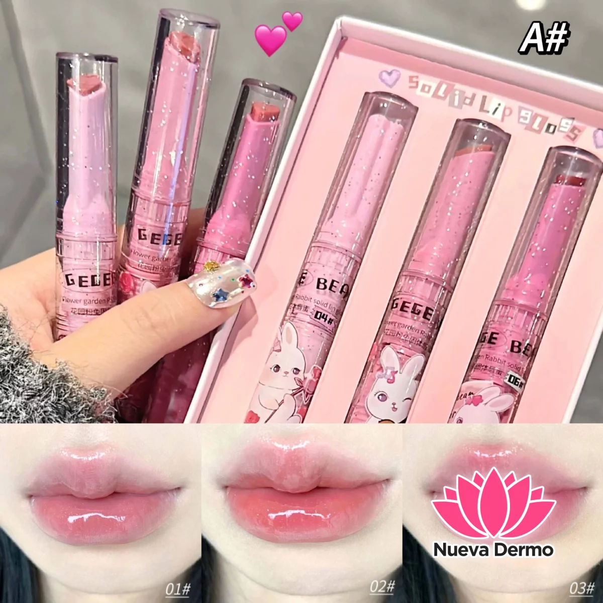 Cajita x3 labiales gloss solidos Gegebear #GX1098