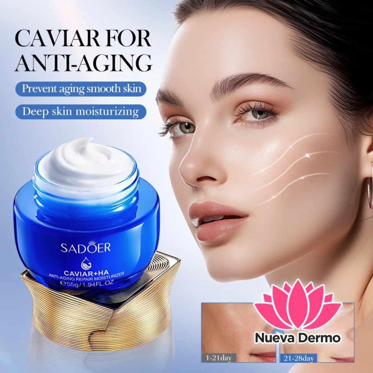 Crema Facial Antiedad Reparadora con Caviar y Acido Hialuronico 55G 19325