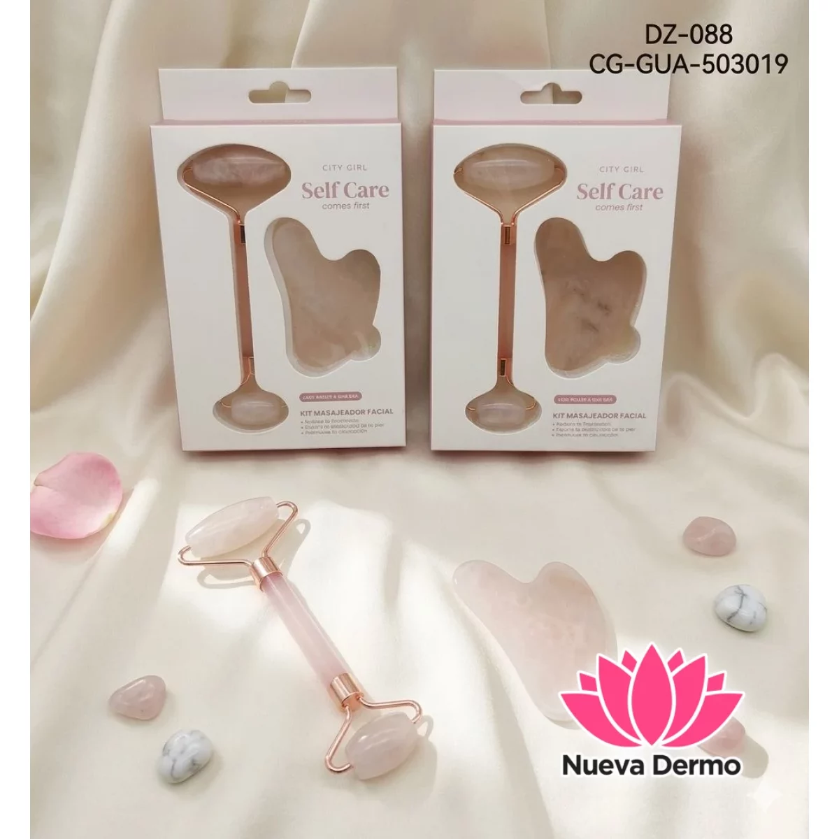 Kit de Masajeador Facial (Incluye Un Rodillo de Cuarzo Rosa y Una Piedra Gua Sha). City Girl Dz-088/30197