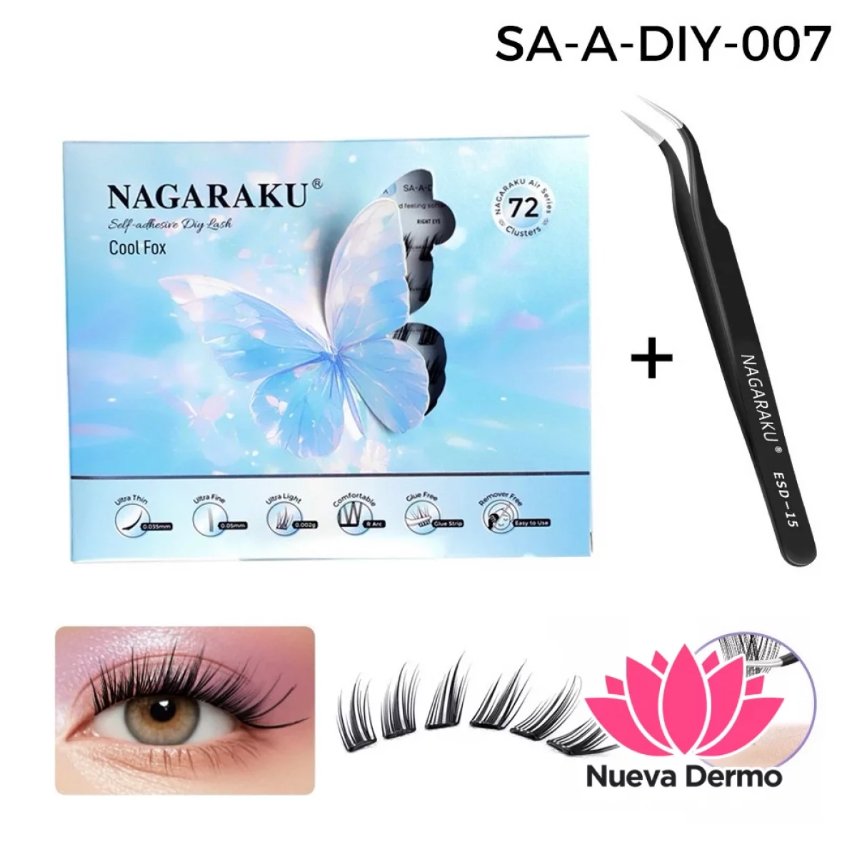 Kit Pestañas Autoadhesivas + Pinza Nagaraku Cool Fox Style Diy-007