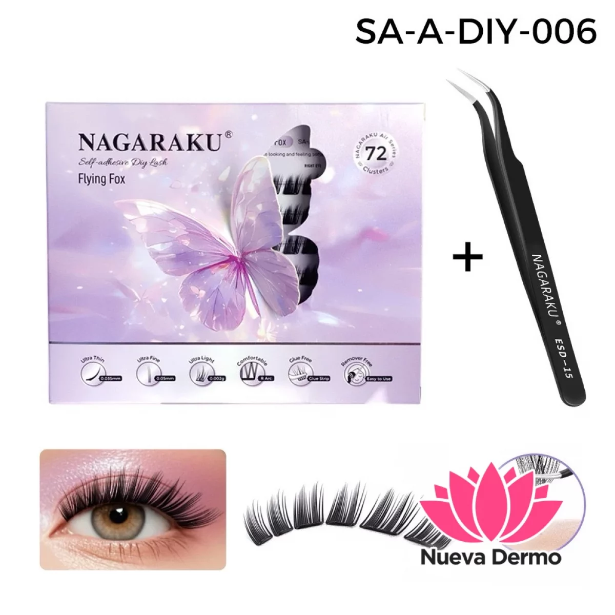 Kit Pestañas Autoadhesivas + Pinza Nagaraku Flying Fox Style Diy-006