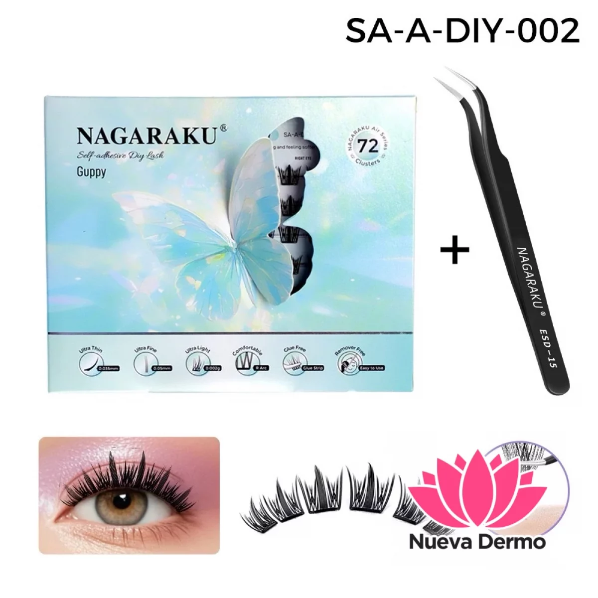 Kit Pestañas Autoadhesivas + Pinza Nagaraku Guppy Style Diy-002