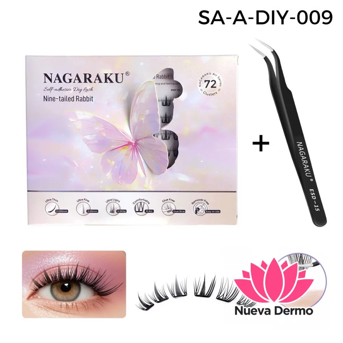 Kit Pestañas Autoadhesivas + Pinza Nagaraku Nine-Tailed Rabbit Style Diy-009
