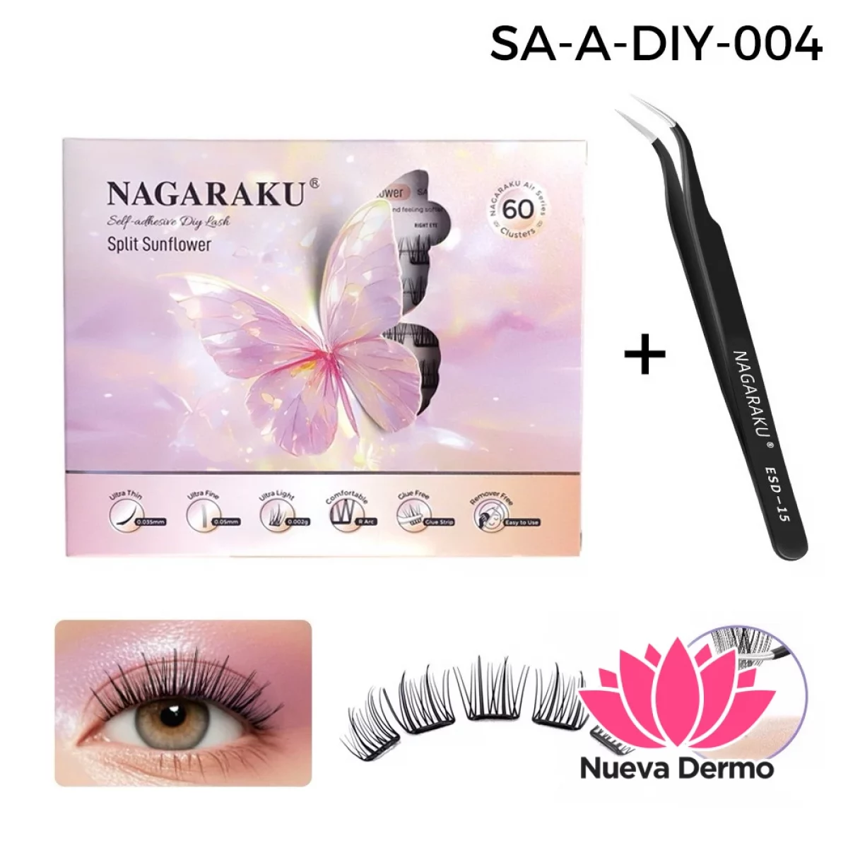 Kit Pestañas Autoadhesivas + Pinza Nagaraku Split Sunflower Style Diy-004