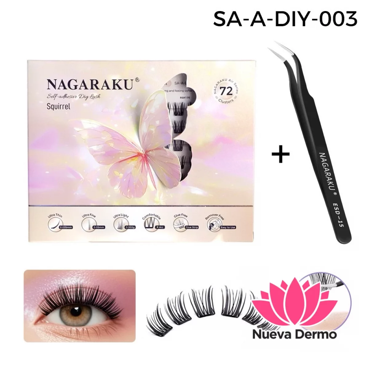 Kit Pestañas Autoadhesivas + Pinza Nagaraku Squirrel Style Diy-003