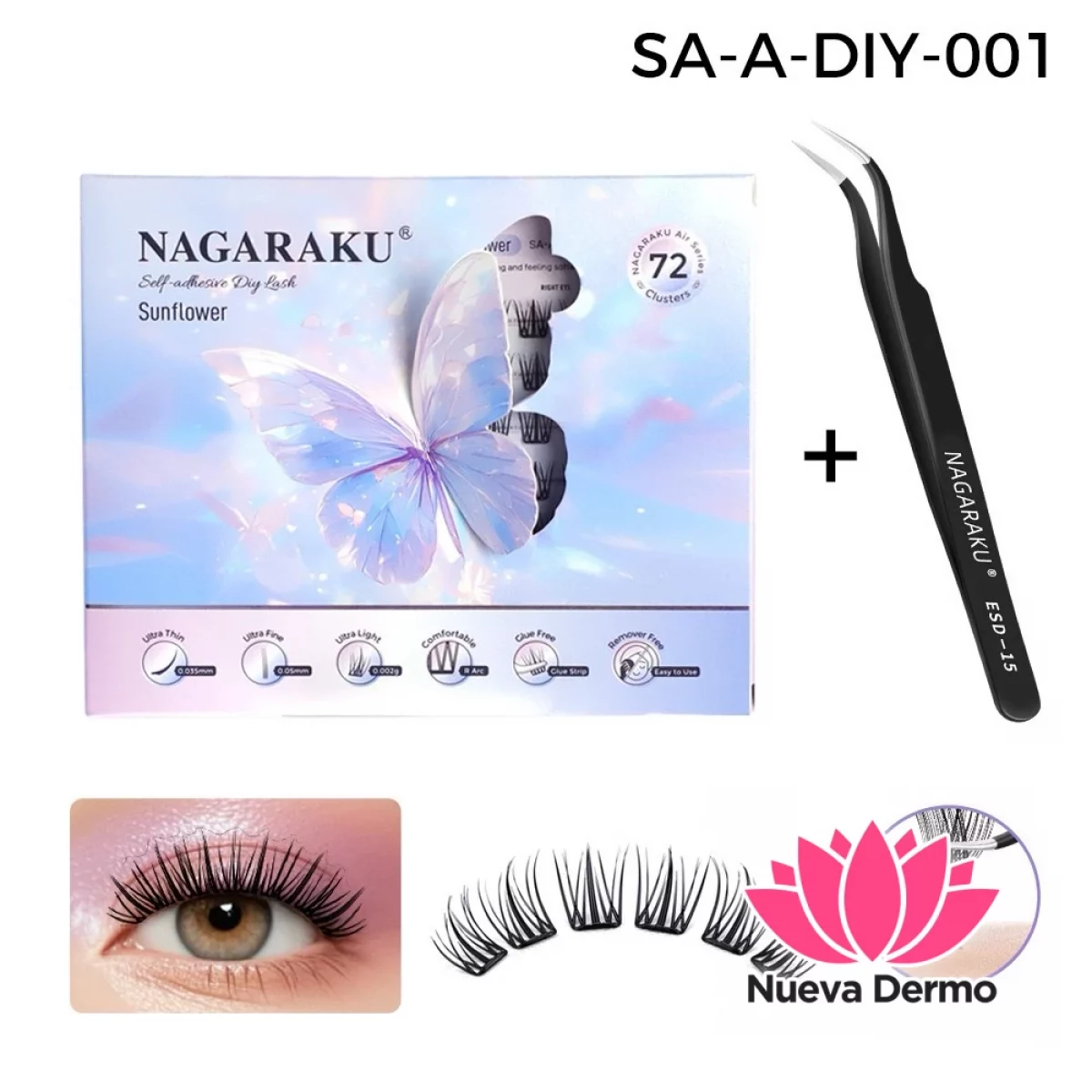 Kit Pestañas Autoadhesivas + Pinza Nagaraku Sunflower Style Diy-001