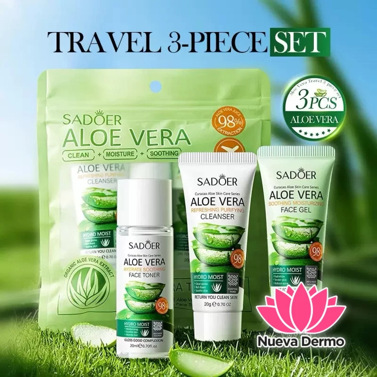 Kit viajero 3pc Aloe Vera Gel hidratante/Limpiador/Tonico facial Sadoer #SD51554