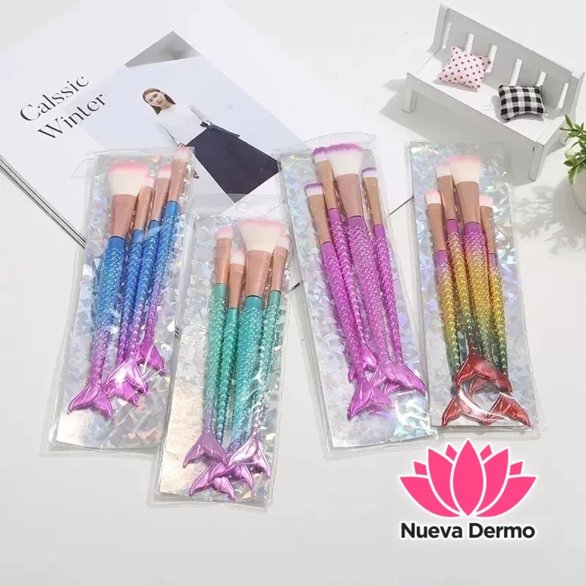 PACK DE 4 BROCHA DE MAQUILLAJE EN COLA DE SIRENA
