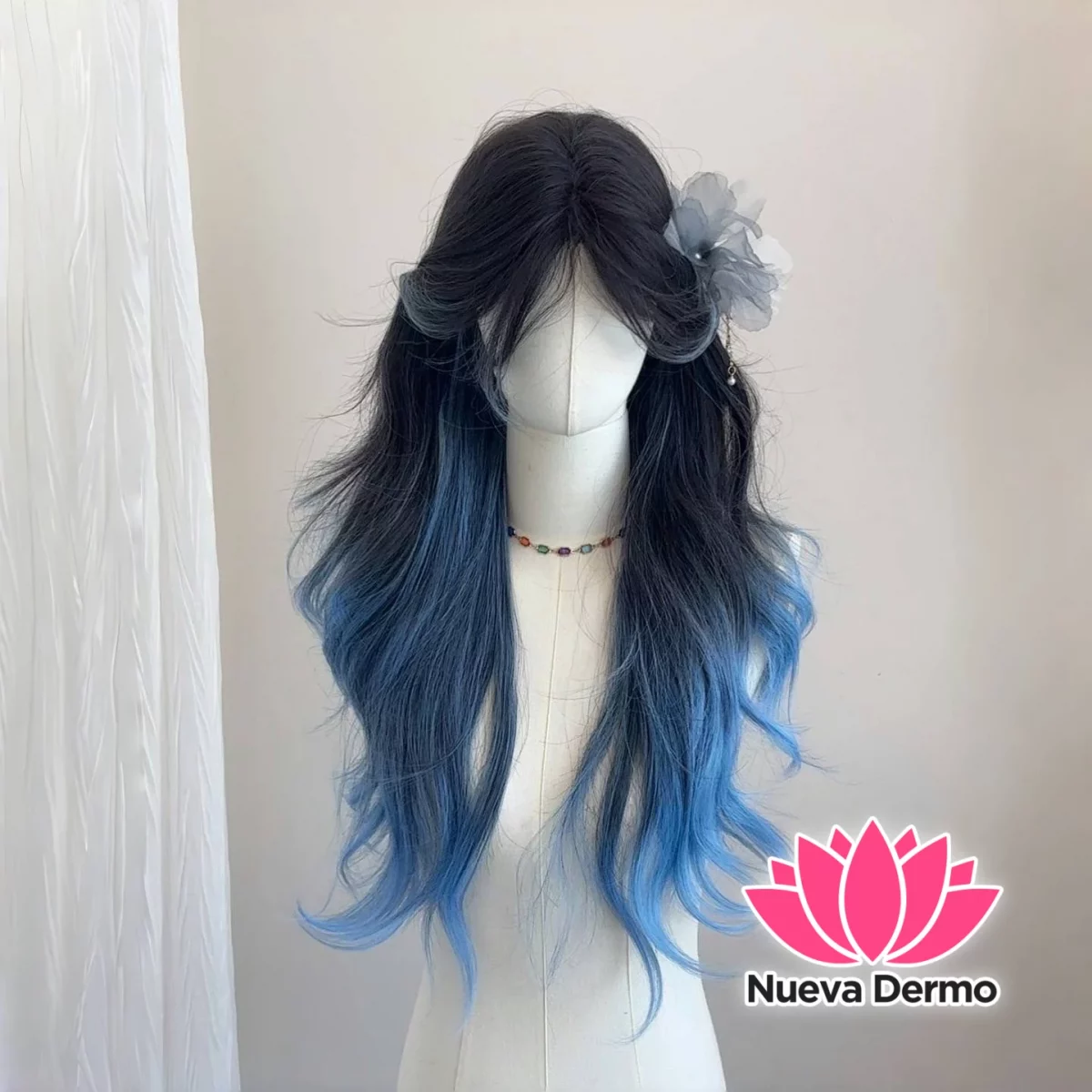 Peluca Azul degrade larga + red para cabello (sin adorno) #JUN-W358