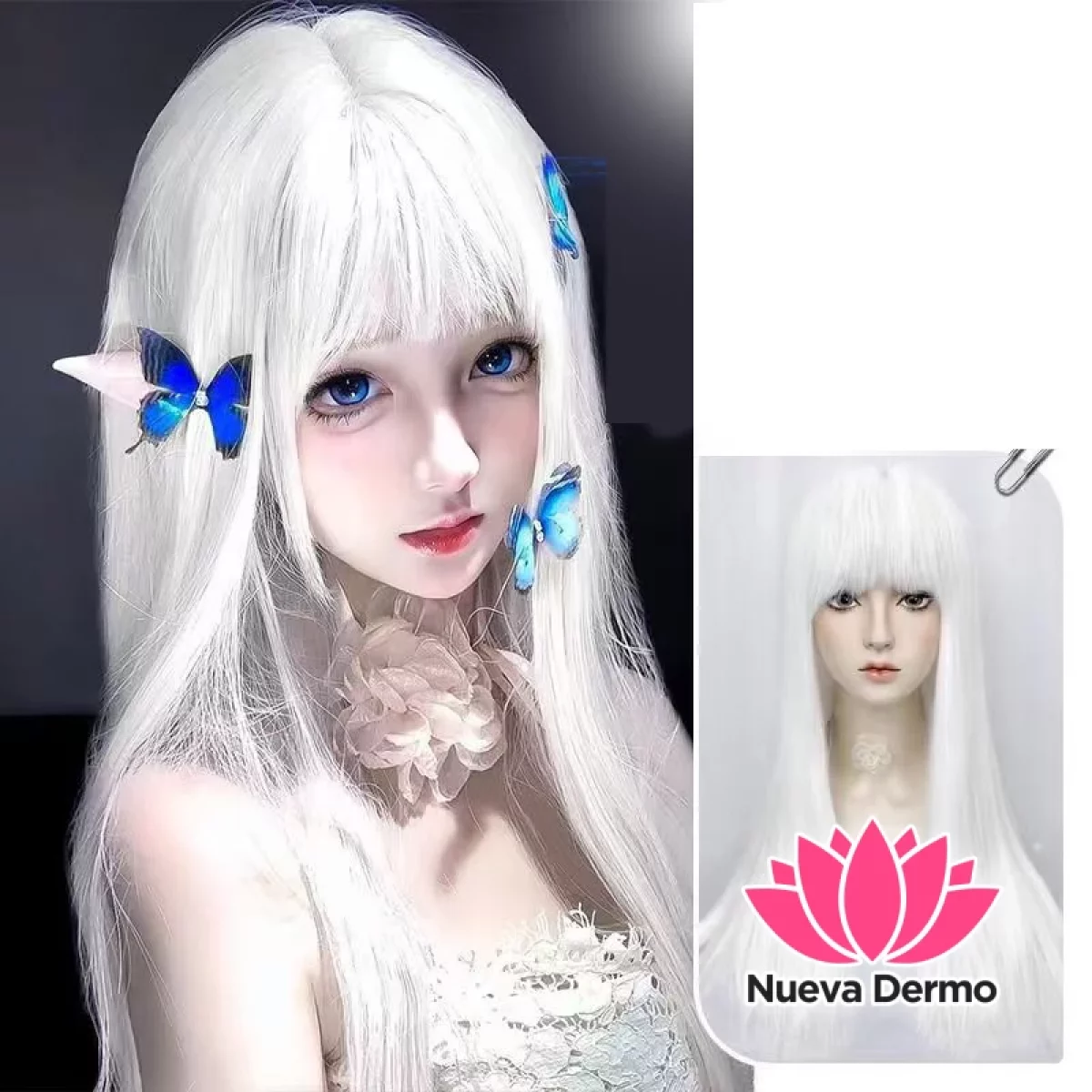 Peluca Blanca lacia con flequillo natural + red de cabello #JUN-DL2335