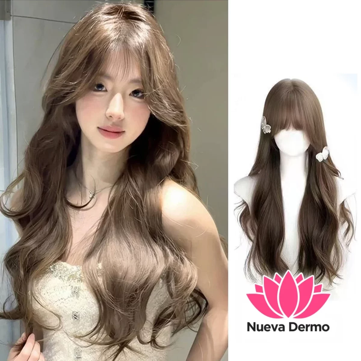 Peluca castaño claro con ondas natural + red cabello #JUN-W368