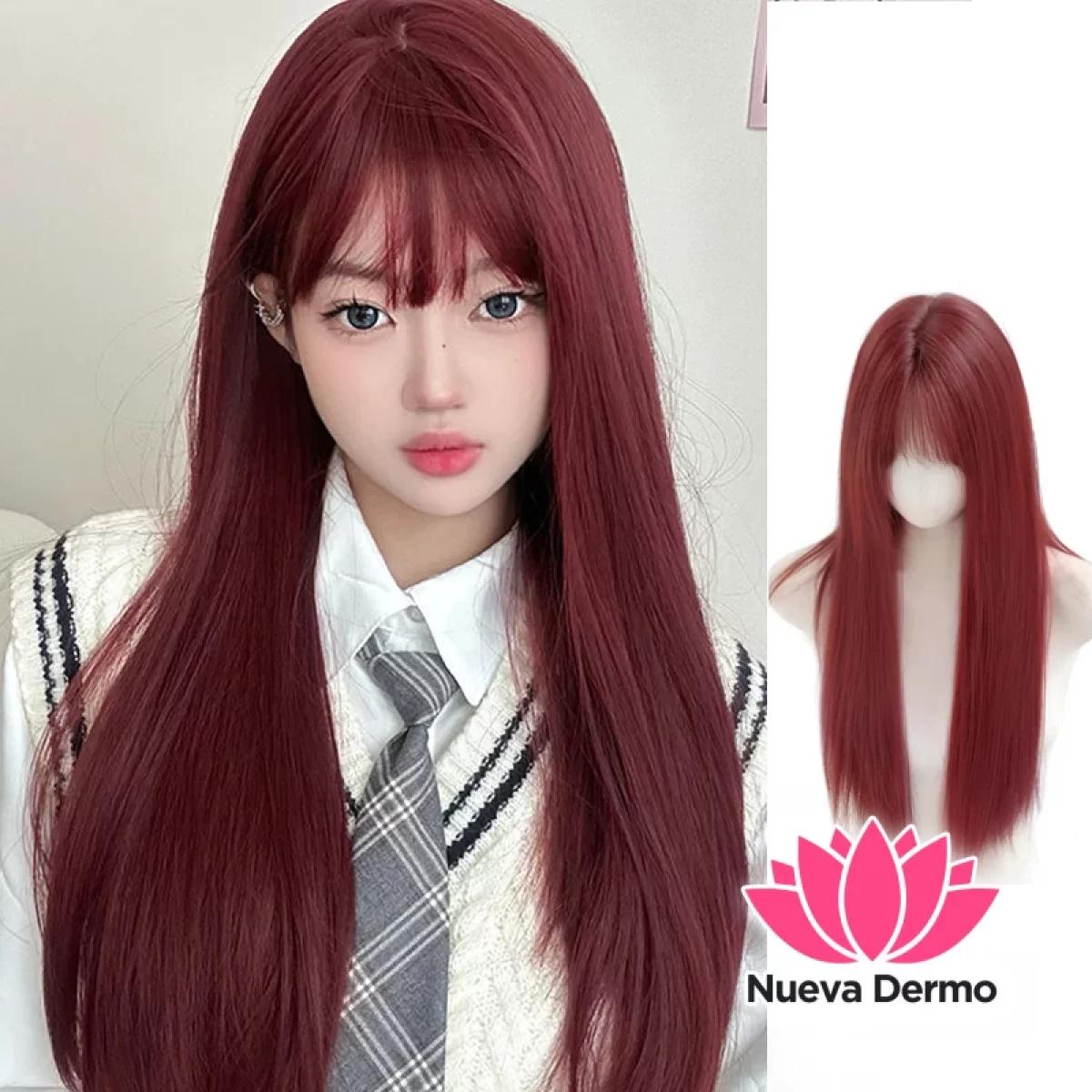Peluca color bordo con flequillo natural + red para cabello #JUN-078