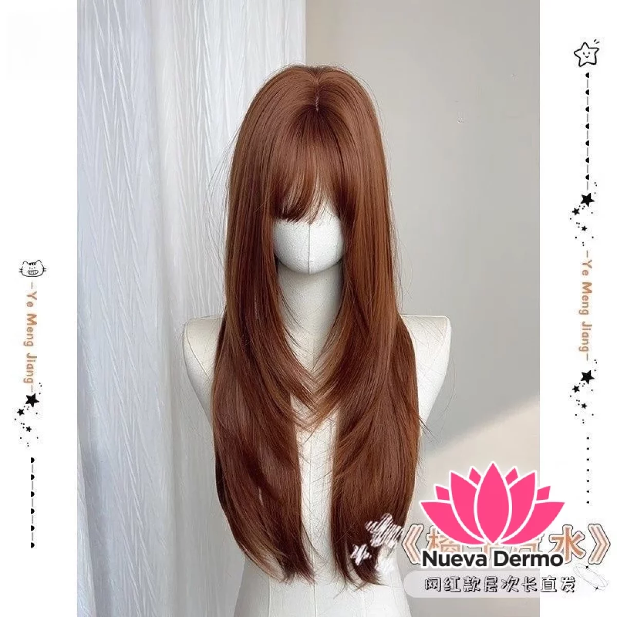 Peluca color castaño con flequillo natural + red de cabello #JUN-J060
