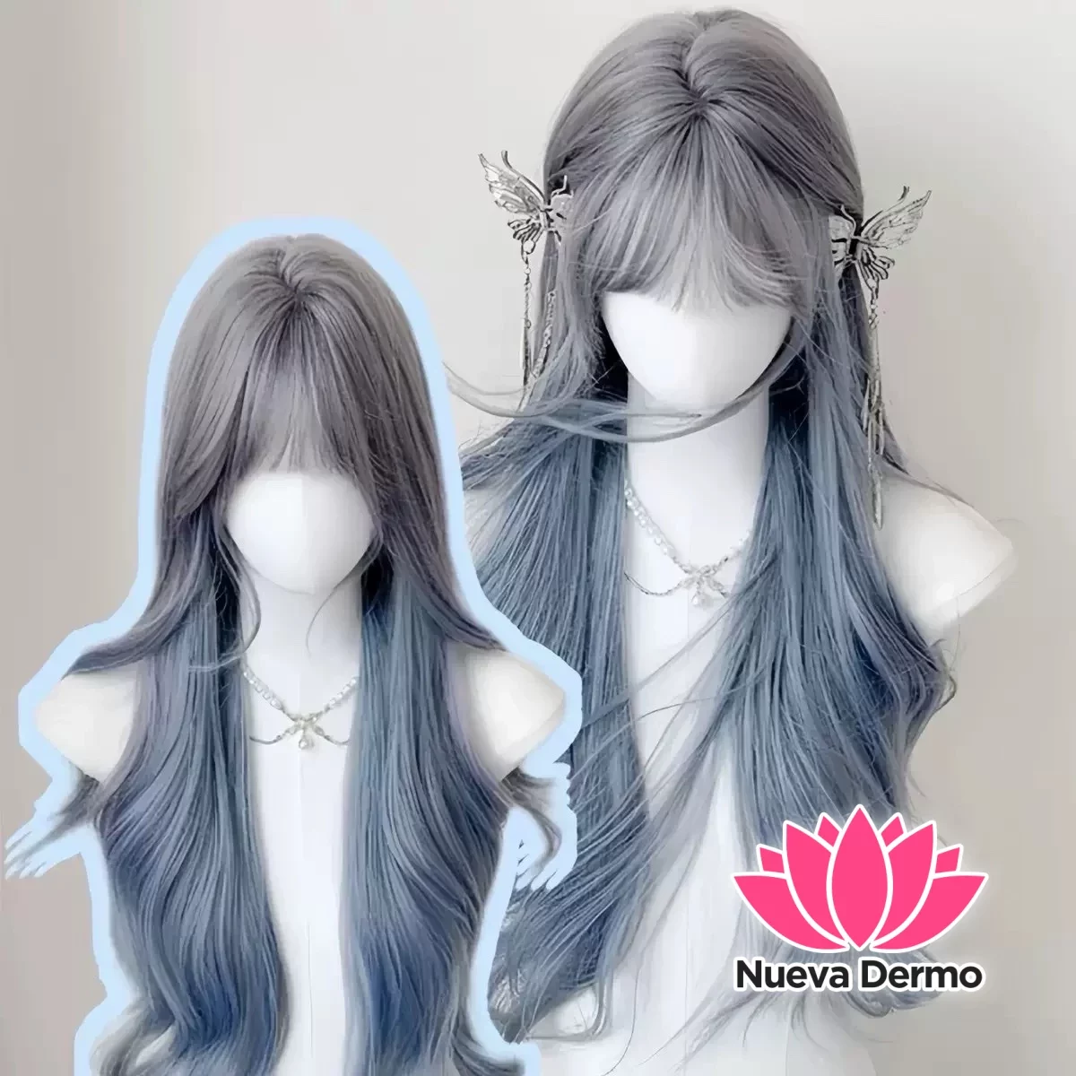 Peluca Gris + Celeste mestizo con flequillo + red para cabello #JUN-J093