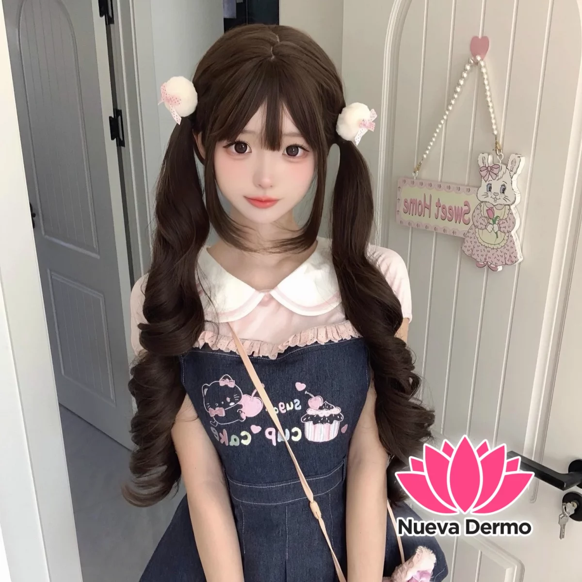 Peluca kawaii 75cm ondulado castaño oscuro (sin adorno) + red de cabello #JUN-JY-044