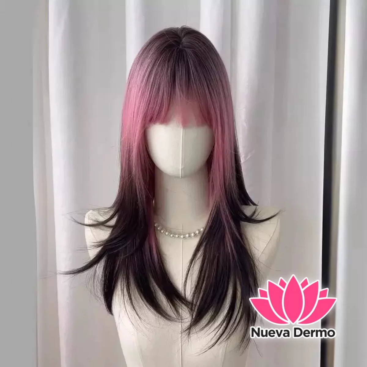 Peluca Negra degrade rosa + red de cabello #JUN-J207