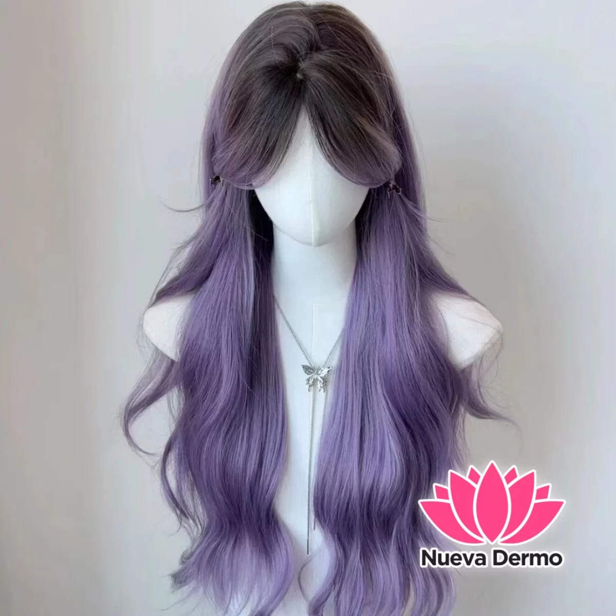 Peluca negra degrade violeta natural + red de cabello #JUN-W260