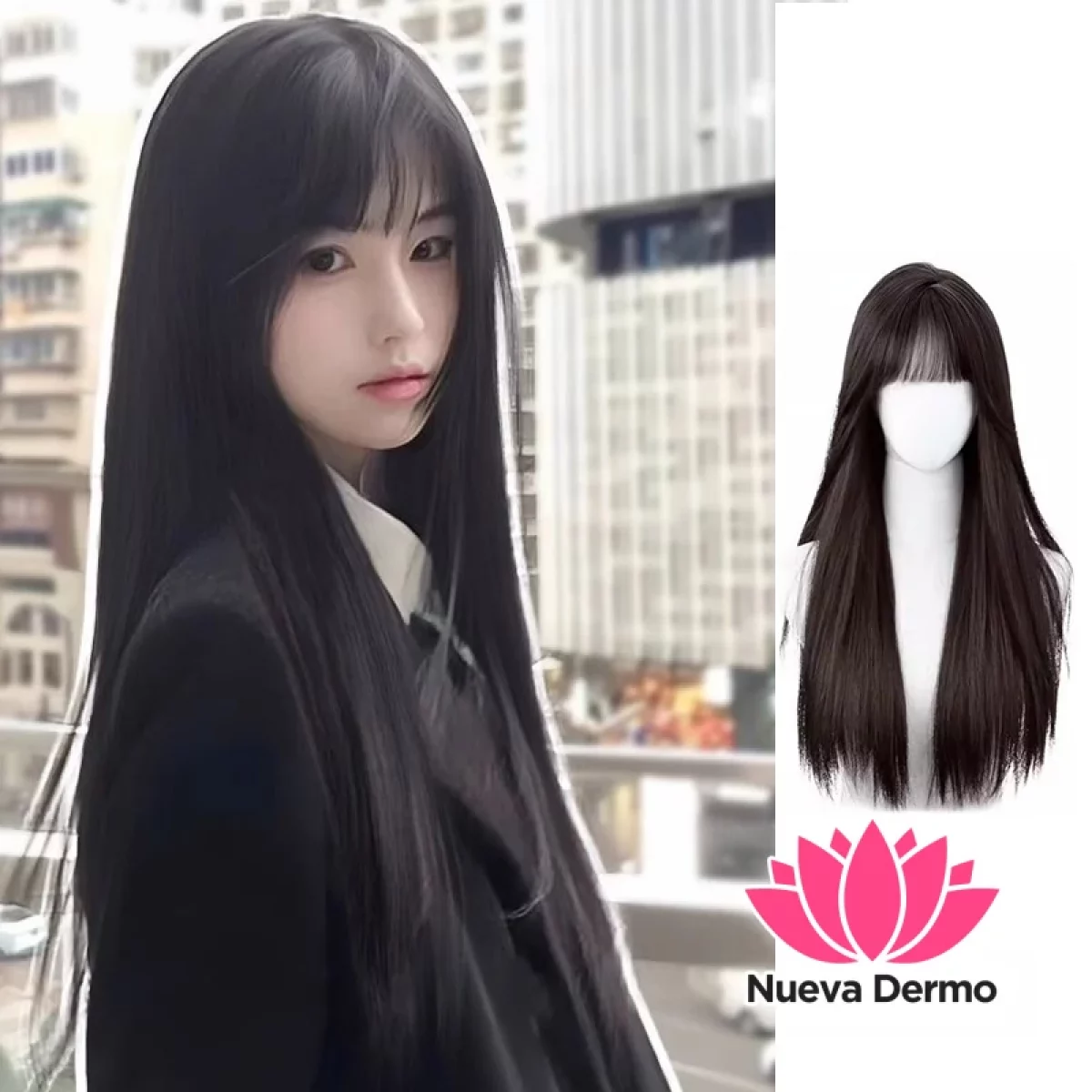 Peluca negra lisa con flequillo natural #JUN-20