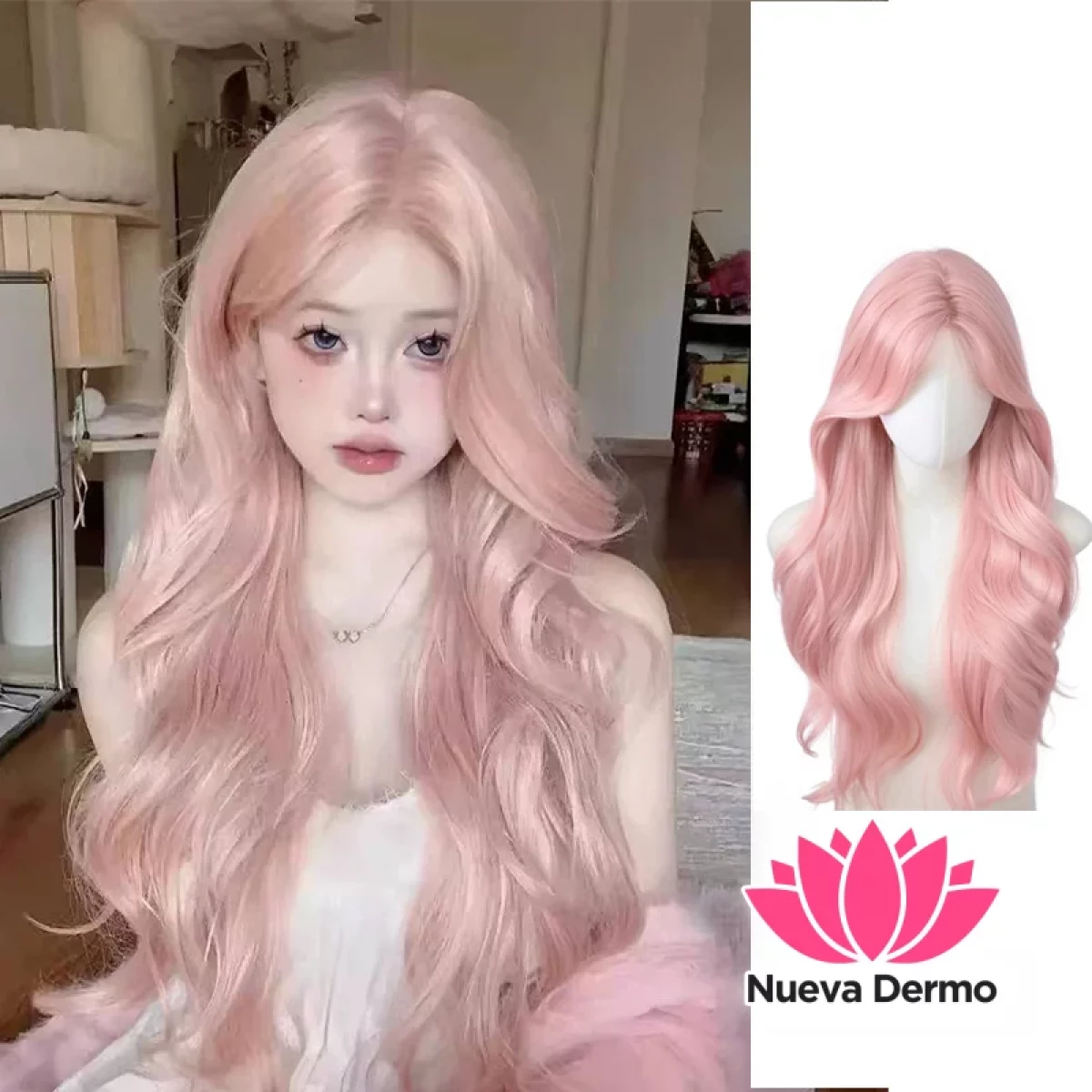 Peluca Rosa con ondas natural + red de cabello #JUN-YK002