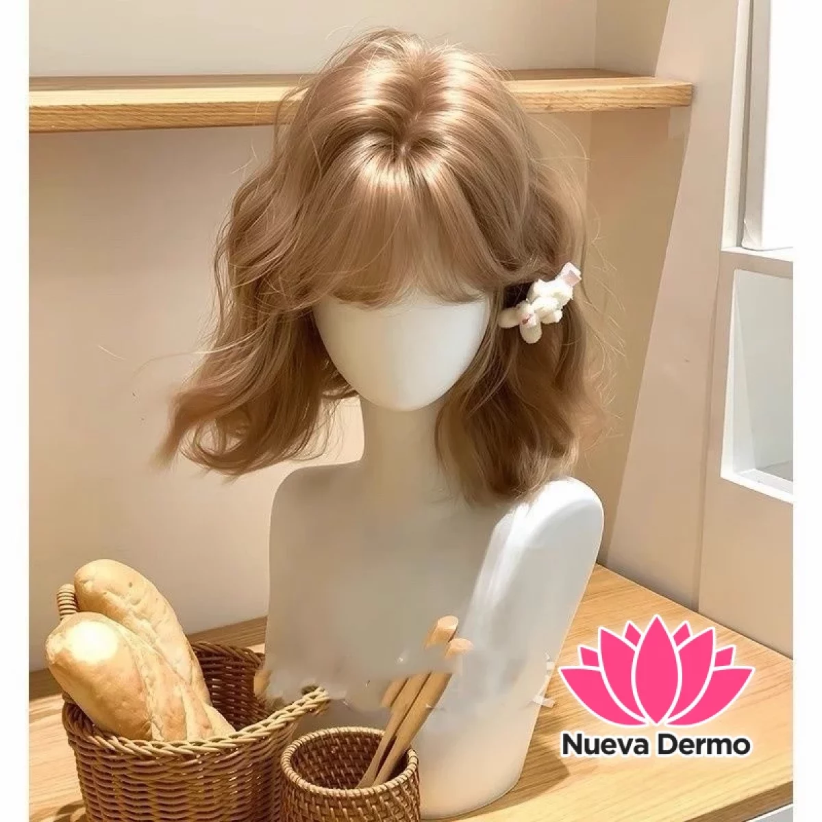 Peluca Rubia con flequillo corta + red para cabello #JUN-N25-060