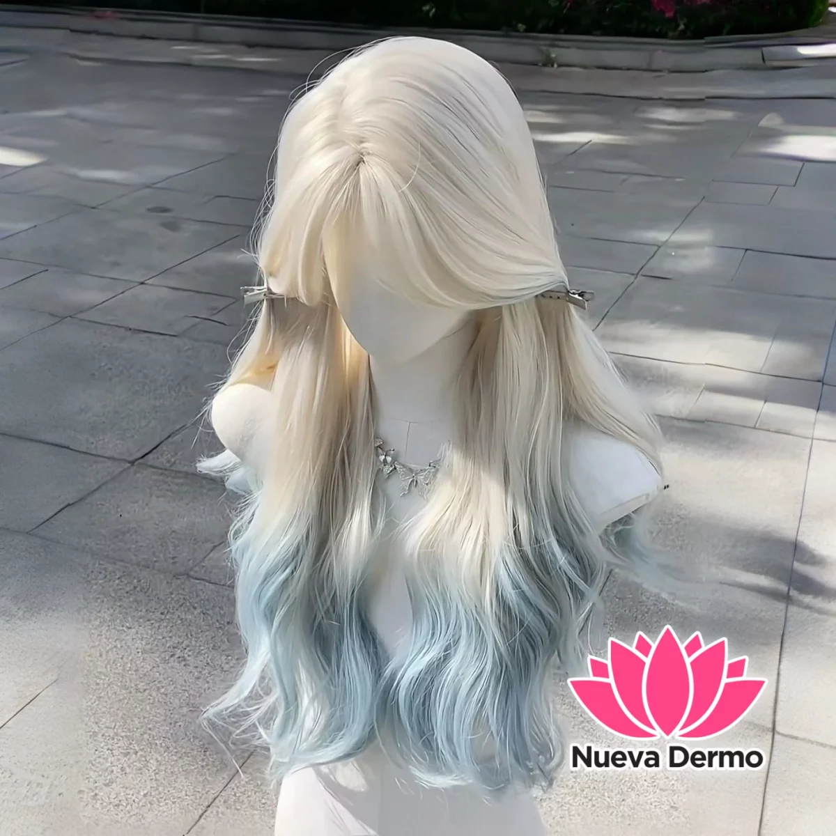 Peluca rubia degrade celeste ondulada + red de cabello #JUN-W019