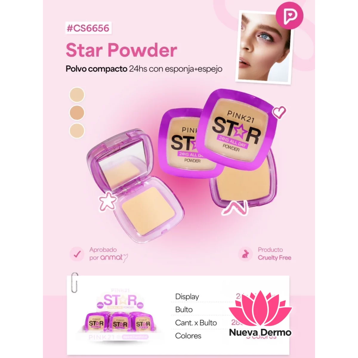 POLVO COMPACTO 24HS CON ESPONJA+ESPEJO PINK21 CD: CS6656
