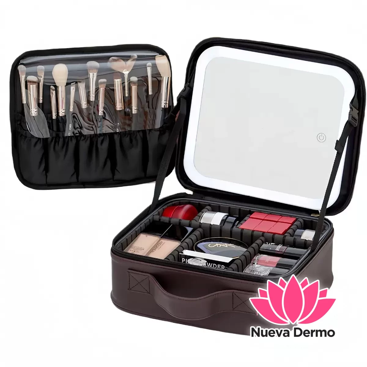 Portacosmeticos organizador con espejo luz LED recargable 26x23cm rosa/negro #YS25-207