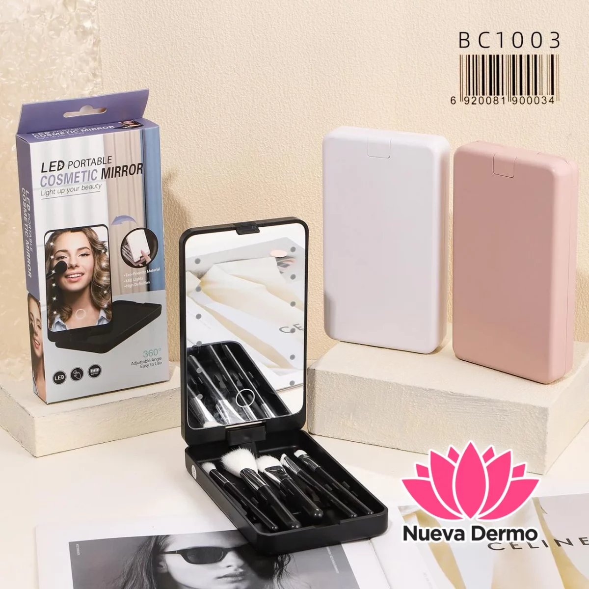 SET BROCHA DE MAQUILLAJE CON ESPEJO DE LED BC1003/00034