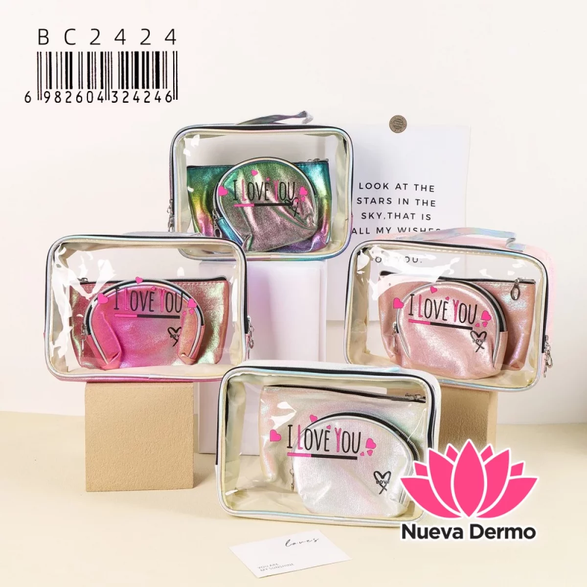 Set de Neceser Dúo Transparente con Monedero Interno Iridiscente y Tornasolado BC2424/24246