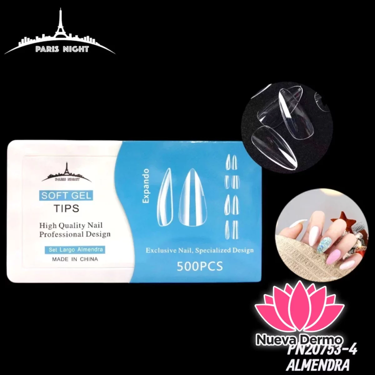SOFT GEL TIPS ALMENDRA X500PCS PARIS NIGHT CD: PN20753-4