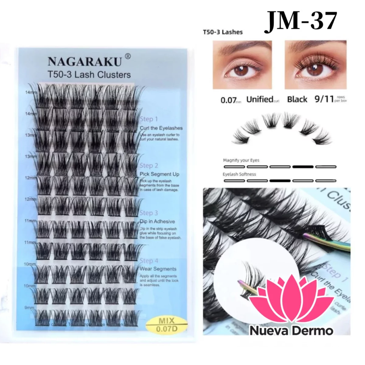 T-50-3 Lash Clusters 0.07D MIX 9-14 Extensiones de Pestañas Postizas Abanicos Prefabricados Volumen Nagaraku Cd: Jm-37