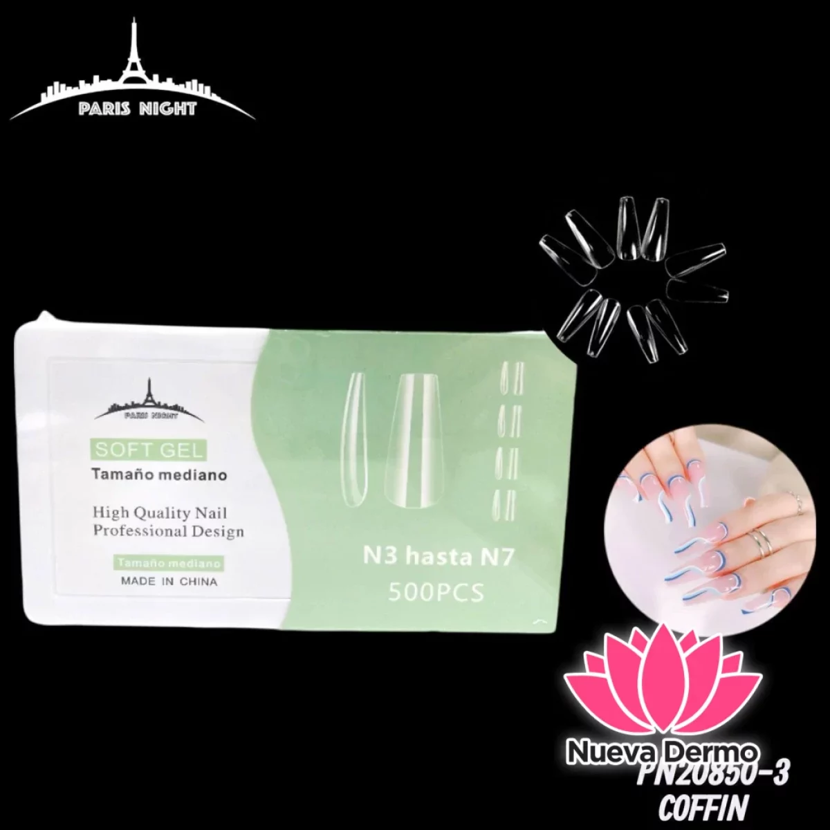 TIPS SOFT GEL COFFIN X500 EN CAJA SOLO 5 TAMANO DE MED PARIS NIGHT CD: PN20850-3