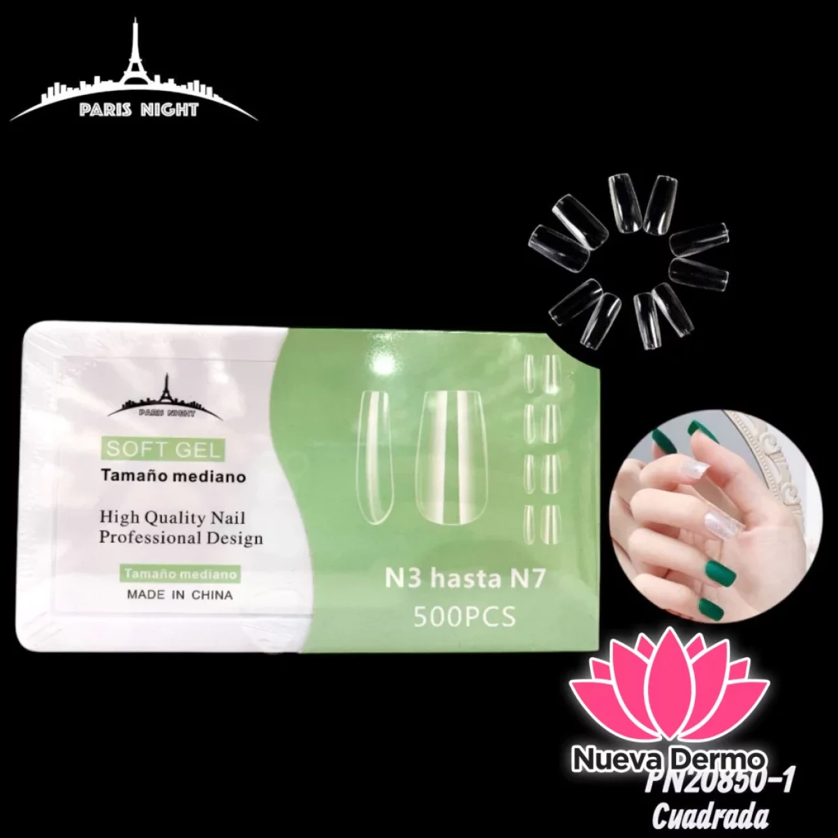 TIPS SOFT GEL CUADRADA X500 EN CAJA SOLO 5 TAMANO DE MED PARIS NIGHT CD: PN20850-1