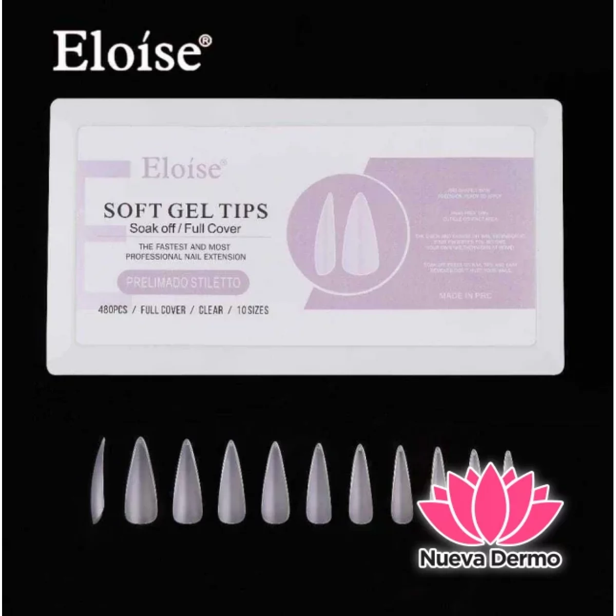 Tips soft gel PRELIMADO STILETTO X480 EN CAJA (010304) ELOISE