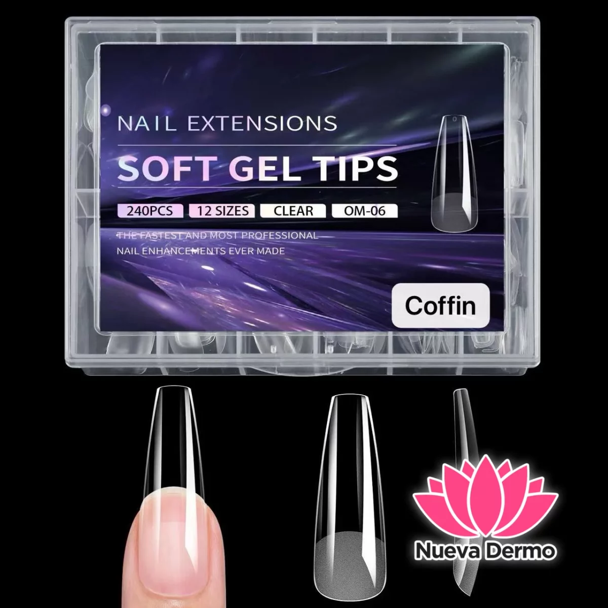 Tips soft gel profesional 240pc prelimados Coffin largo JUN-JP10