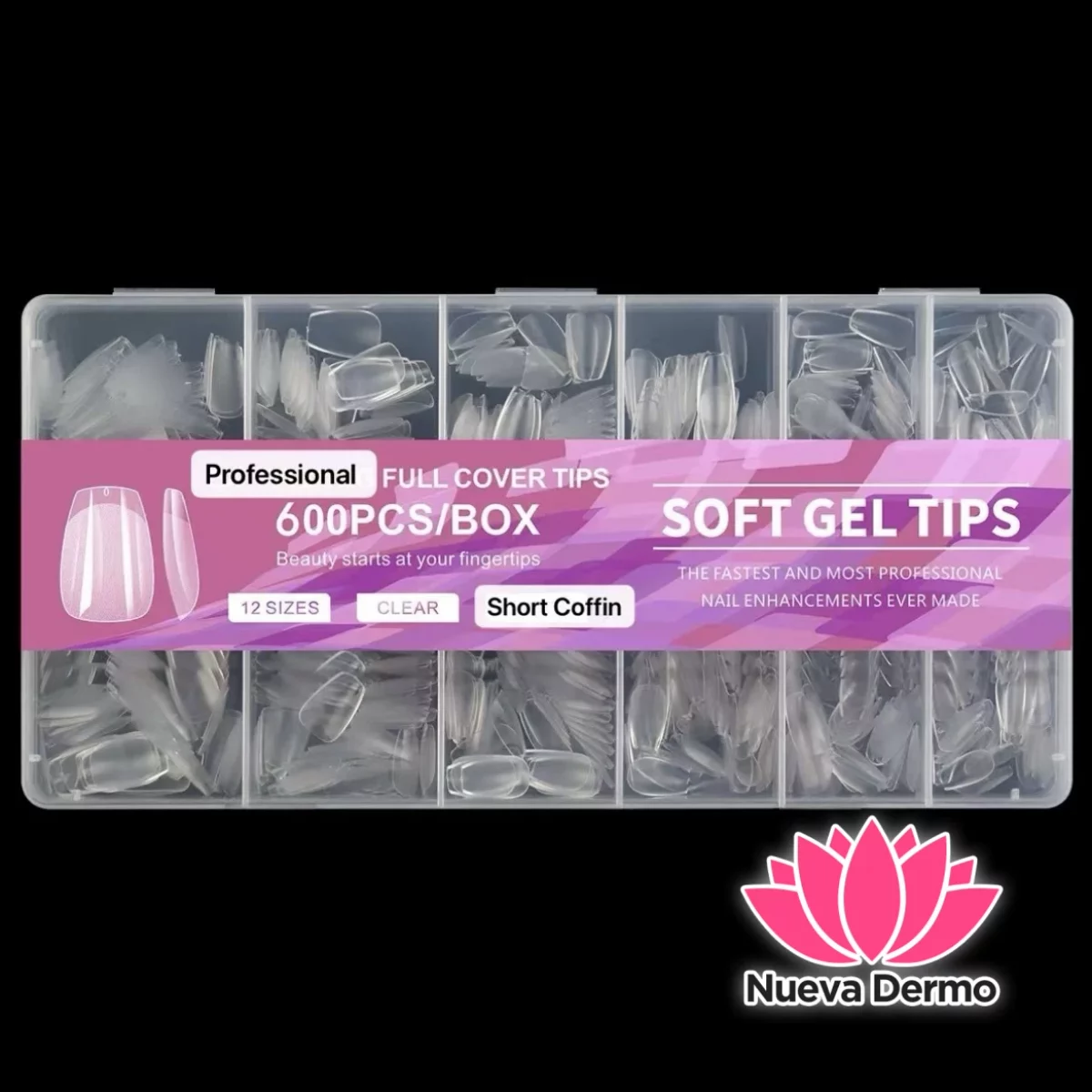 Tips soft gel profesional 600pc prelimados coffin corto JUN-JP01