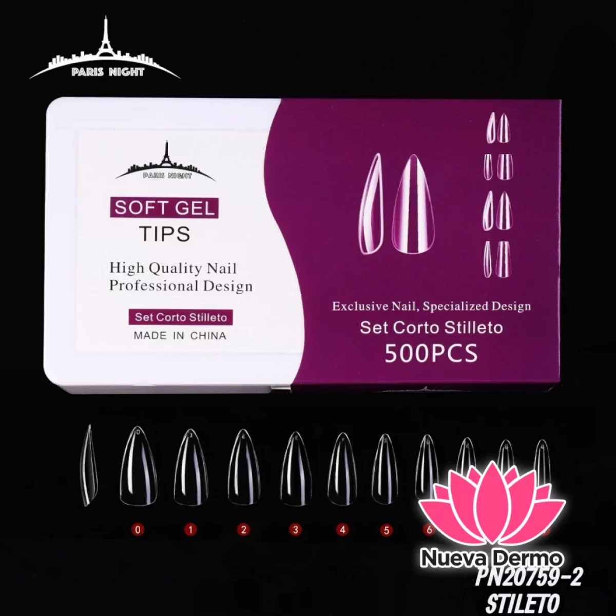 TIPS SOFT GEL STILETO X500 CORTA EN CAJA PARIS NIGHT CD: PN20759-2