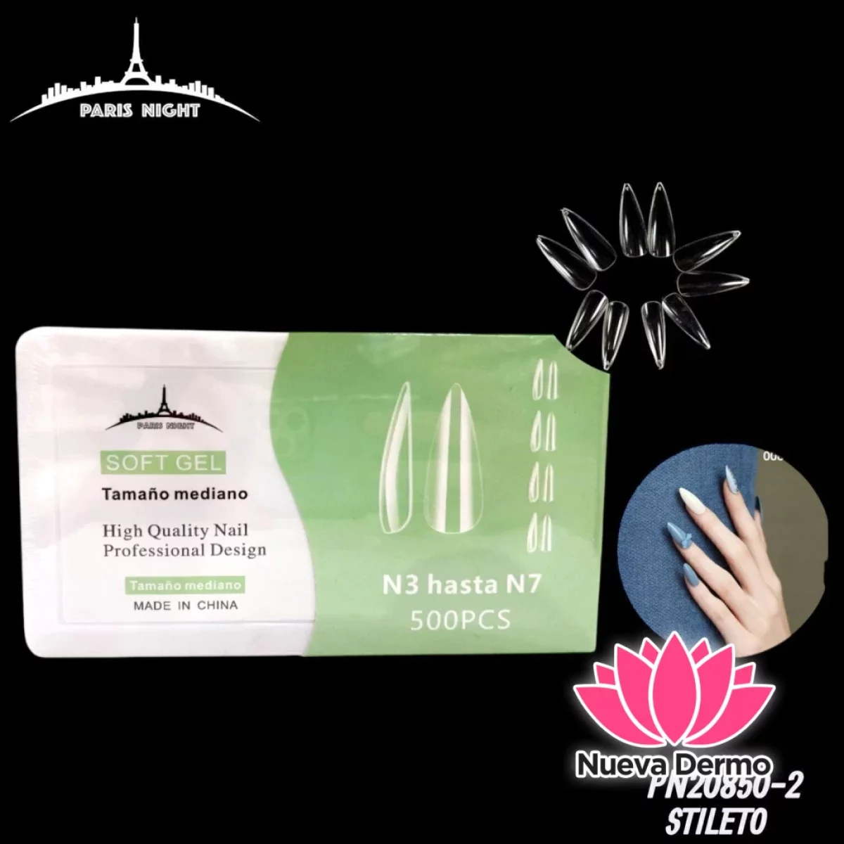 TIPS SOFT GEL STILETO X500 EN CAJA SOLO 5 TAMANO DE MED PARIS NIGHT CD: PN20850-2