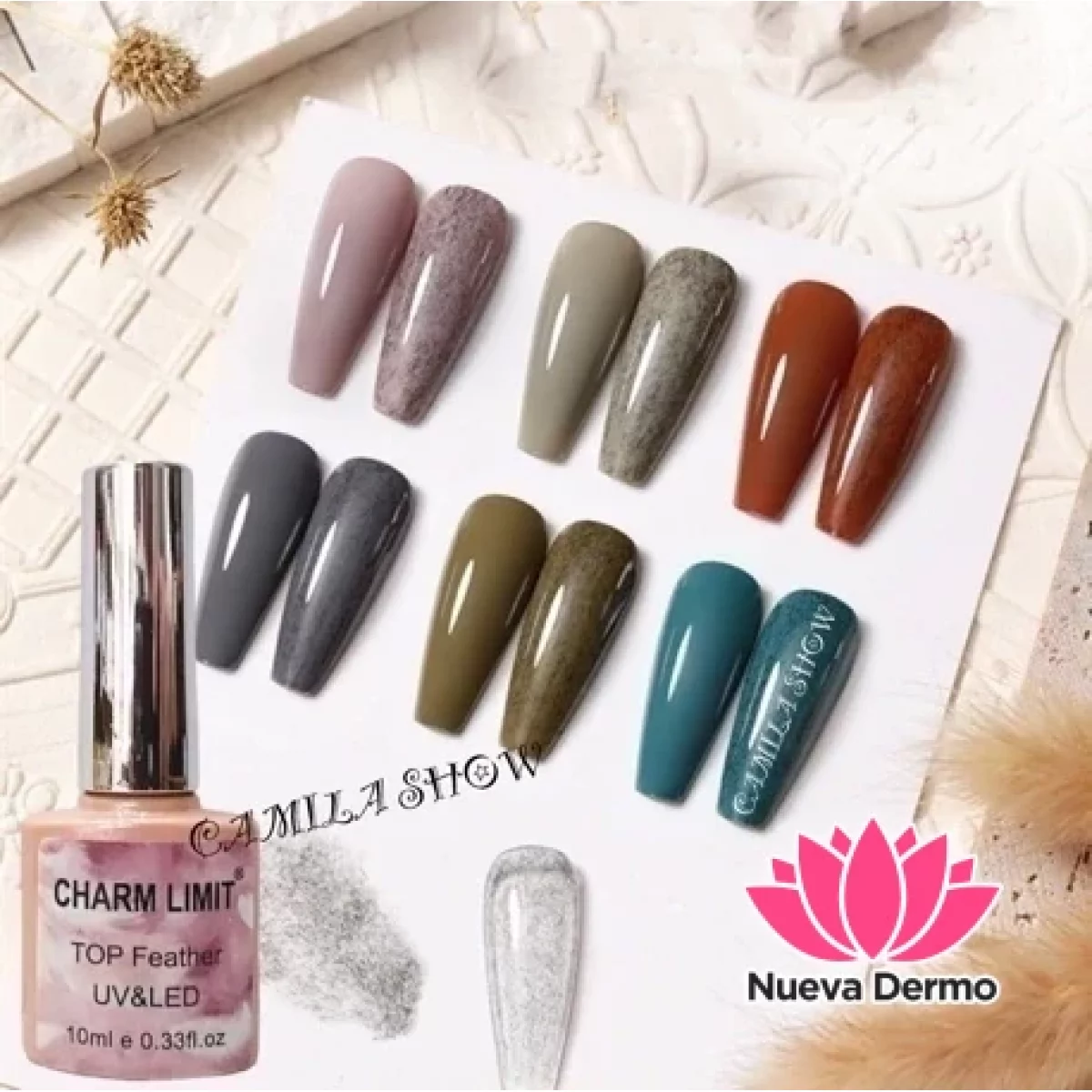 TOP COAT CHARM LIMIT EFECTO FEATHER UV/LED 10ML 6COLOR CAJA X12U