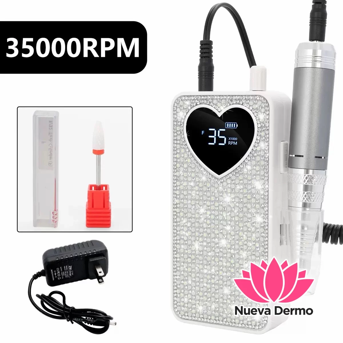 Torno inalambrico recargable con strass blanco/rosa 35000rpm #JUN-MZ05