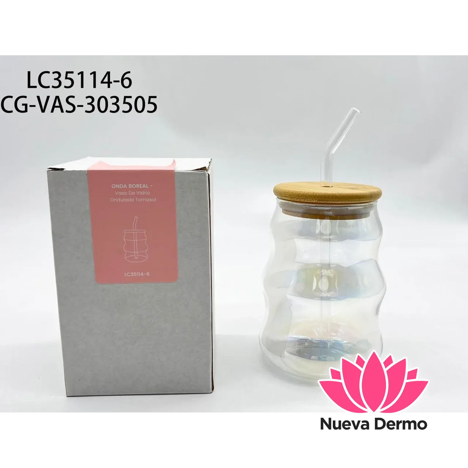 VASO DE VIDRIO ONDULADO TORNASOL CON TAPA Y SORBETE