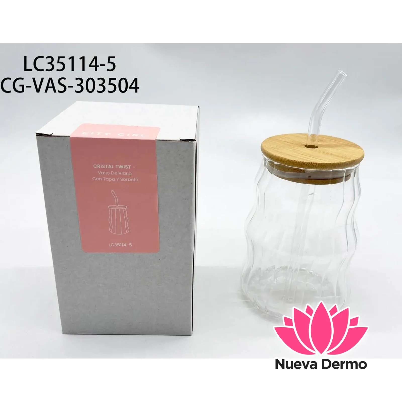 VASO DE VIDRIO ONDULADO CON TAPA Y SORBETE