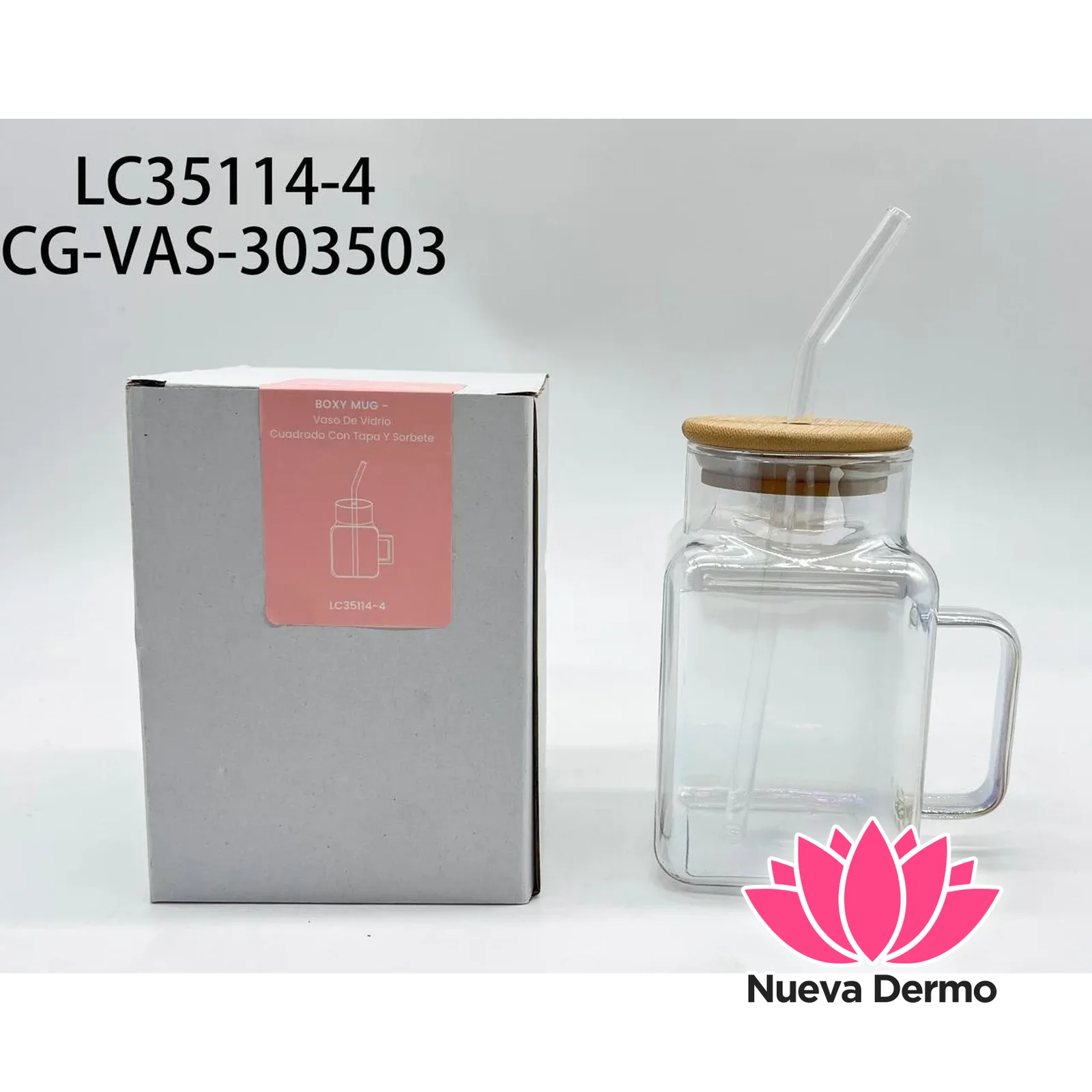 VASO DE VIDRIO CUADRADO CON TAPA Y SORBETE