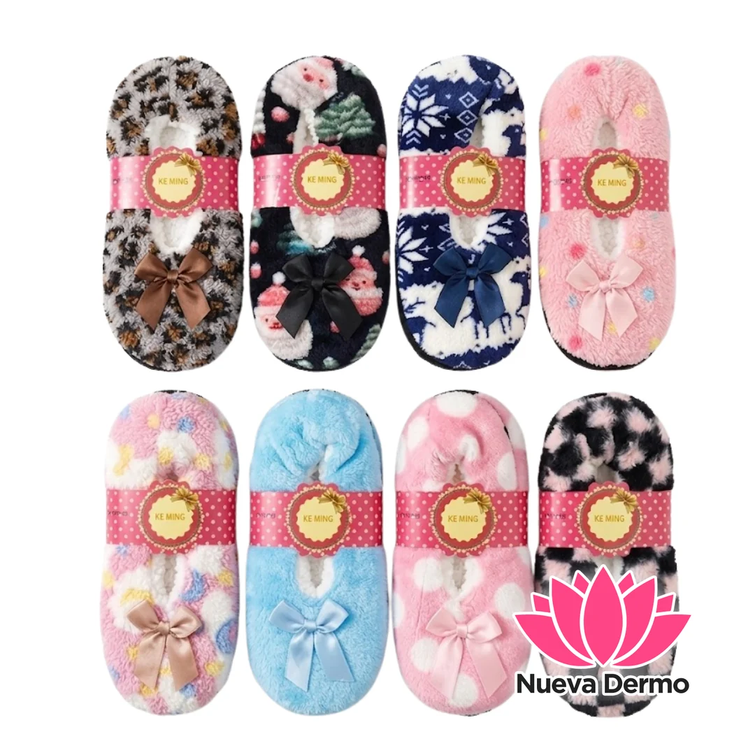 Pantufla Ballerina Corderito Con Moño Abrigada Con Estampado