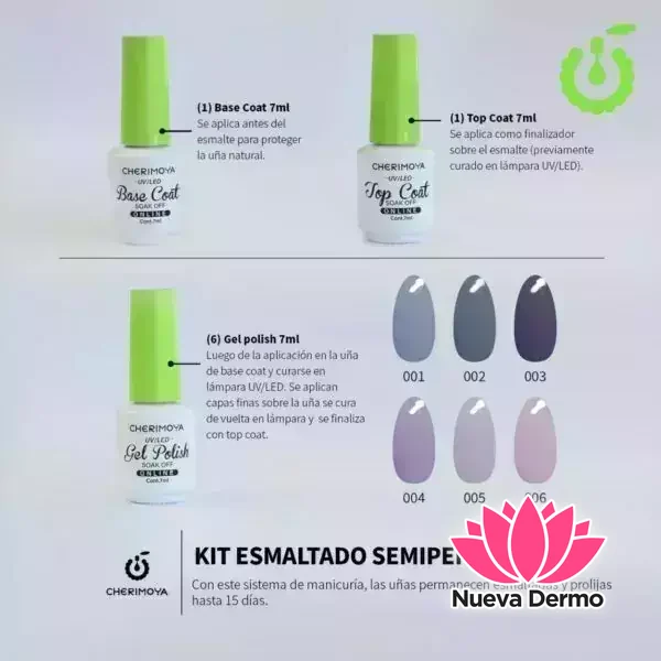 CHERIMOYA KIT PARA ESSENCE SEMIPERMANENTE UV/GEL POLISH 7ML X6PCS + BASE + TOP CH029